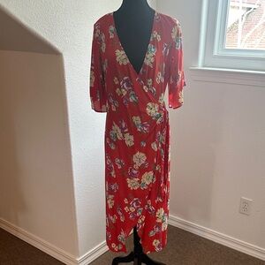 Lavender Brown Red Floral Wrap Midi Dress
